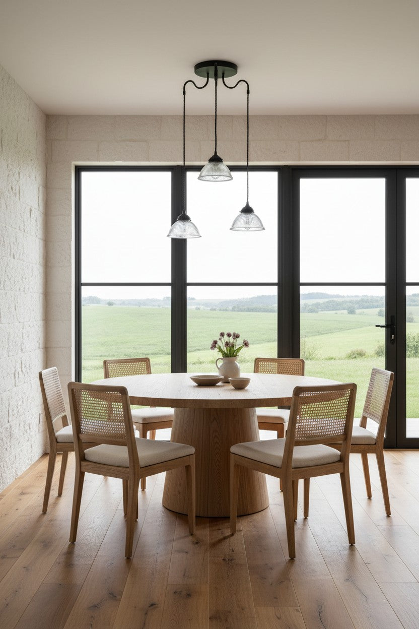 3 arm gooseneck multi drop pendant light over a light filler dining space. 