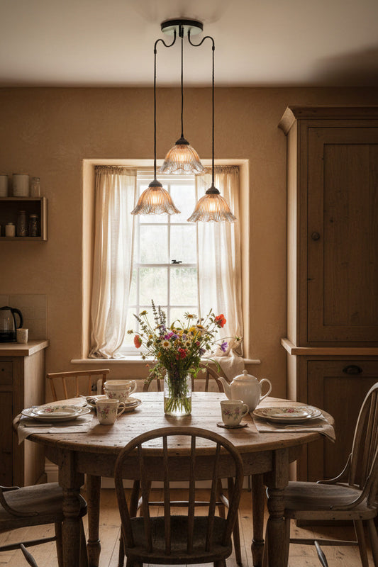 3 drop over a round dining table in a cottage kitchen