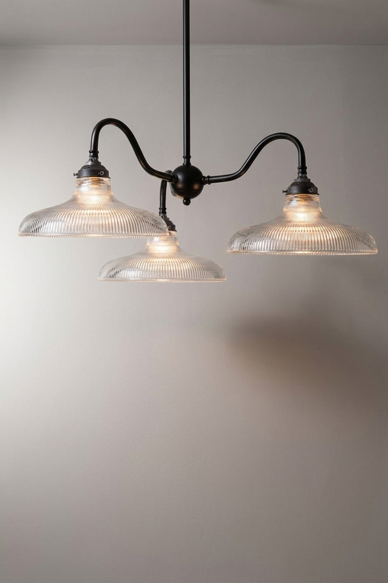 Cobram Glass Gooseneck Chandelier in black with 3 large reeded glass shades