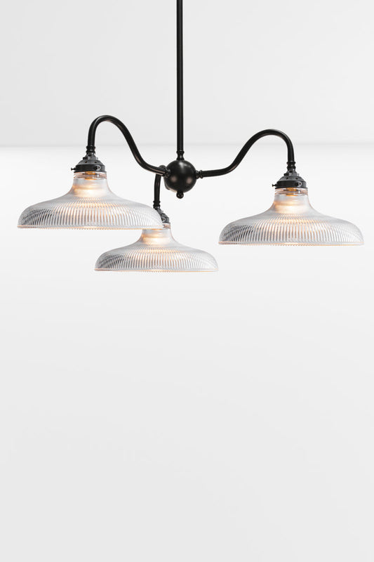 Cobram Glass Gooseneck Chandelier in black with 3 large reeded glass shades