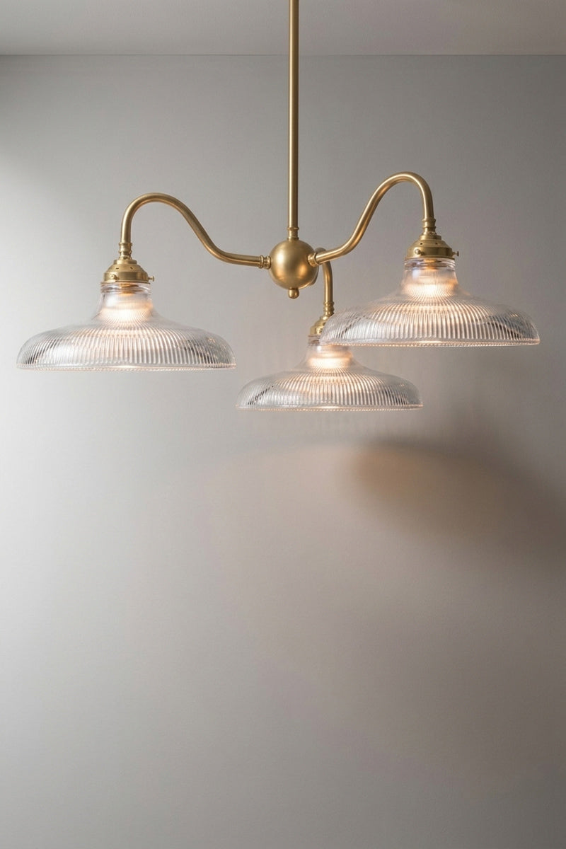 Cobram Glass Gooseneck Chandelier gold brass fixture with ribbed clear glass shades, 