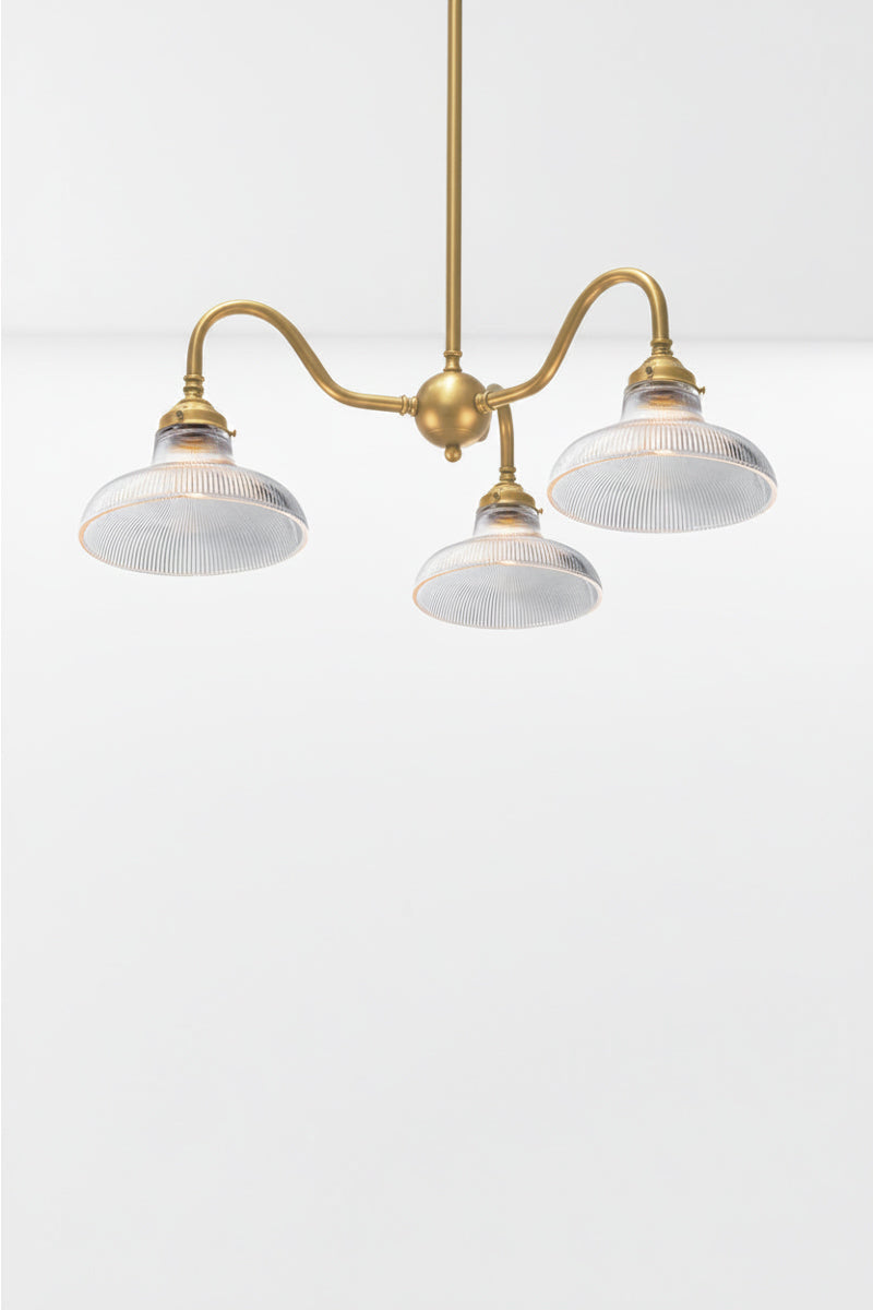 Cobram Glass Gooseneck Chandelier in gold brass with 3 small reeded glass shades