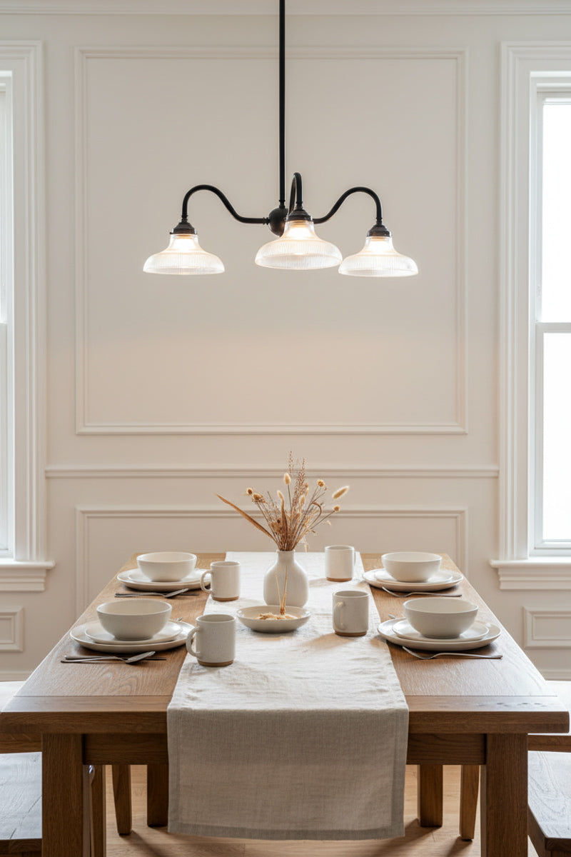 A modern three-light chandelier with black metal arms and reeded glass shades hangs above a wooden dining table set 