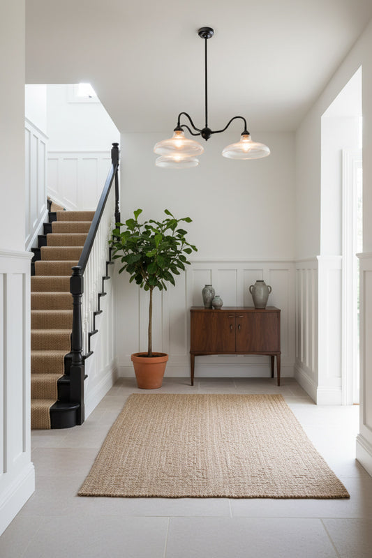 A bright, modern entryway with a large natural jute area rug on a light tile floor, a black three-light chandelier above 