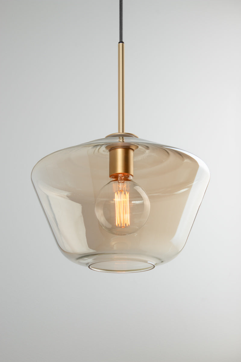 Lugano Glass Pendant Light shade A in champagne glass with gold brass fitting and black braided cord