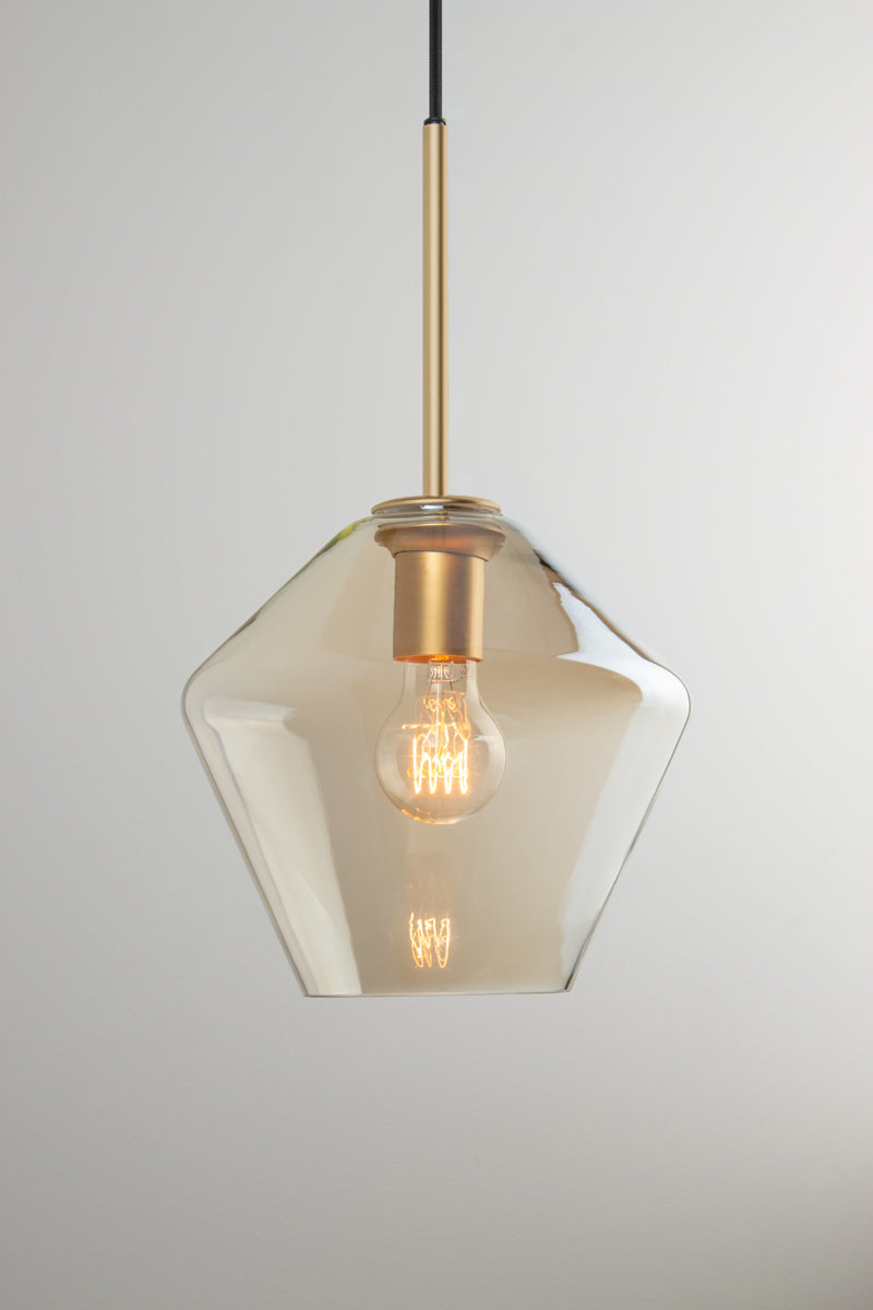 Lugano Glass Pendant Light shade B in champagne glass with gold brass fitting and black braided cord