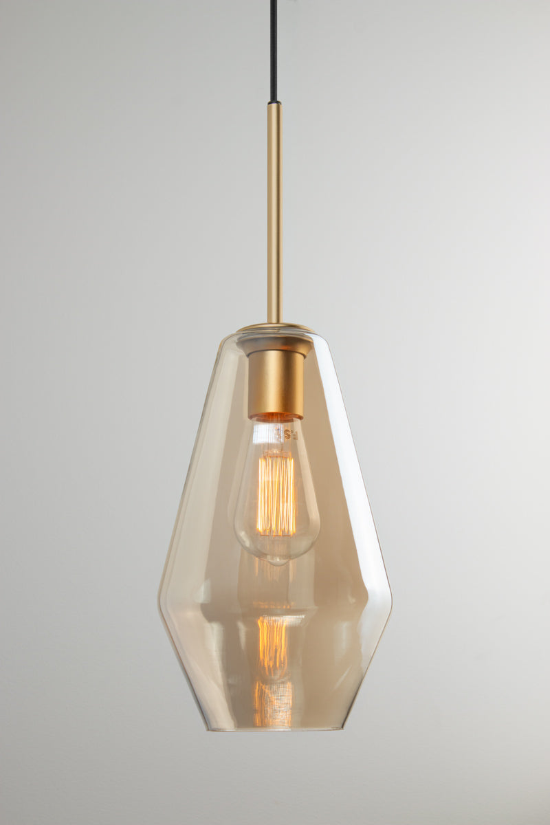 Lugano Glass Pendant Light shade C in champagne glass with gold brass fitting and black braided cord