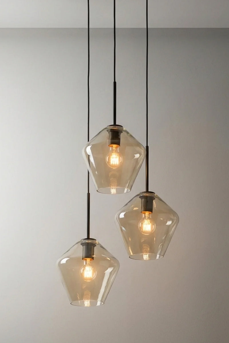 Lugano Glass Multi Drop Pendant – Shade B three drop pendant with black cloth cords and Champagne glass shades