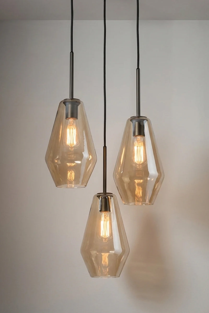Lugano Glass Multi Drop Pendant – Shade C three drop pendant with black cloth cords and Champagne glass shades