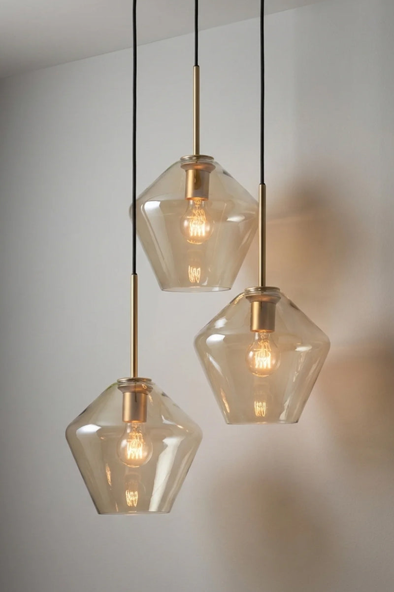 Lugano Glass Multi Drop Pendant – Shade B three drop pendant with gold/brass pendant cords and Champagne glass shades