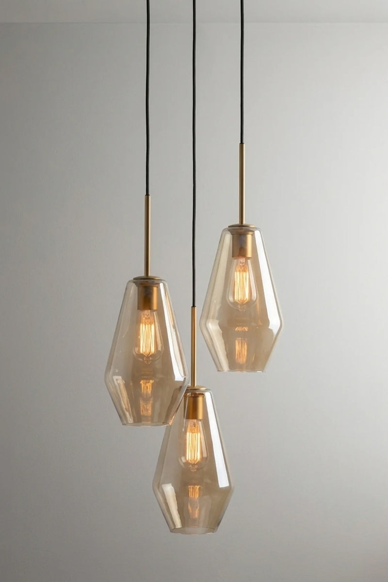 Lugano Glass Multi Drop Pendant – Shade C three drop pendant with gold/brass pendant cords and Champagne glass shades