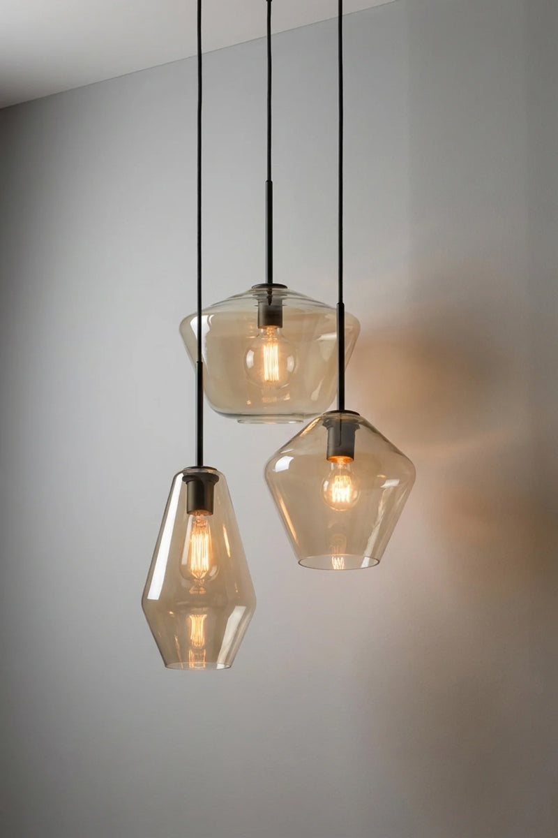 Lugano Glass Multi Drop Pendant – Mixed three drop pendant with Shades A, B and C in Champagne glass and black pendant cords