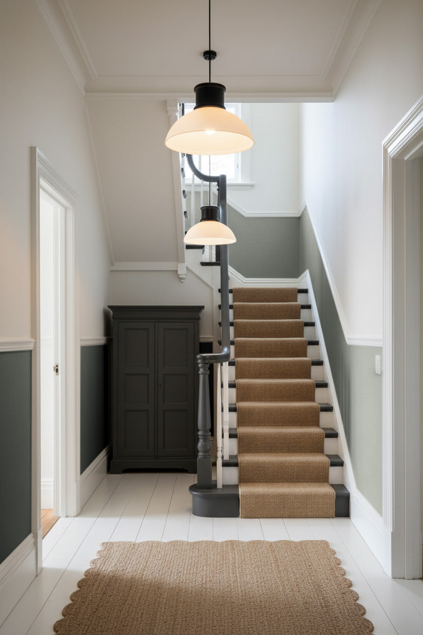 A modern vintage-style pendant light with a black metal frame and two white dome shades, hanging in a bright white hallway near a staircase 
