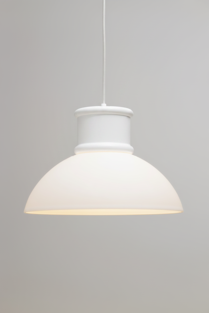 Homestead Brickworks Pendant Light with a white dome shade, white metal shade cover and white fabric suspension cord