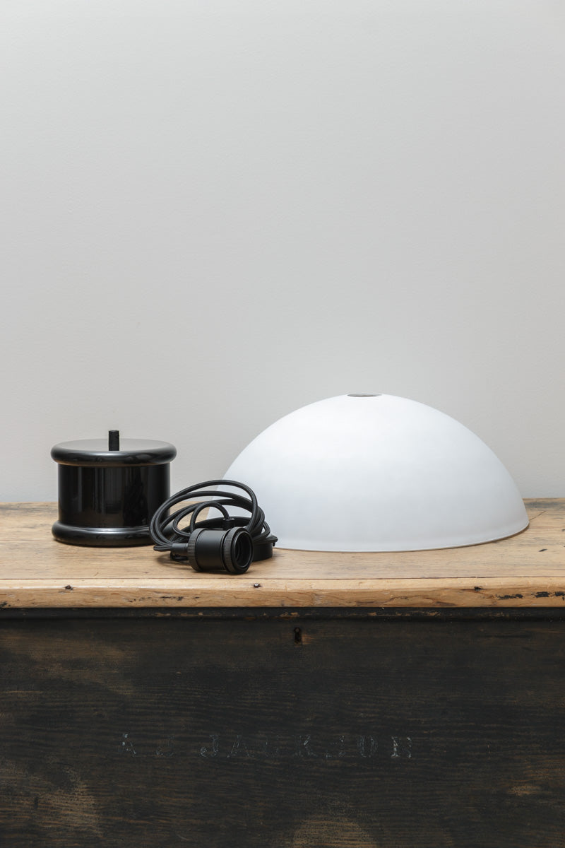 Homestead Brickworks Pendant Light shade with black metal shade cover, black fabric cord and ceiling components