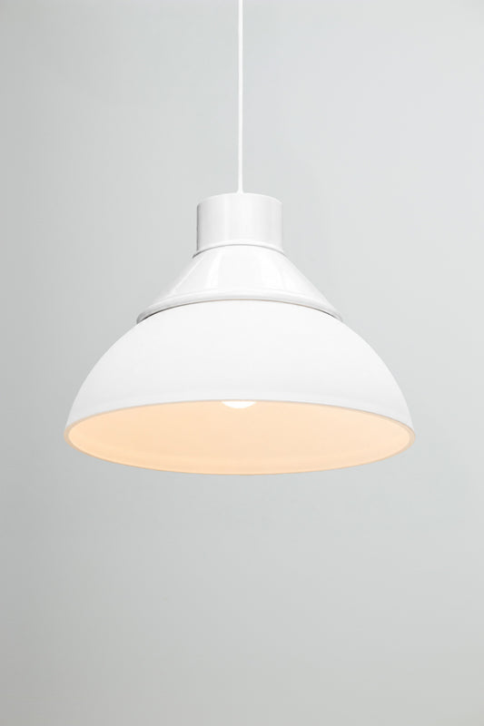 Homestead Foundry Pendant Light with a white shade cover and opal glass dome shade. 