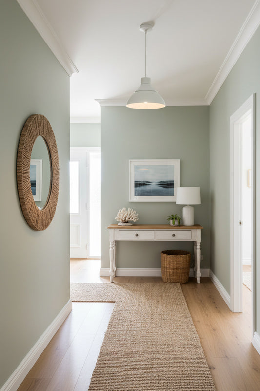 Homestead Foundry Pendant Light in white in a styled hallway entryway with sage green walls, light wood floors, a woven jute runner, a round wicker mirror, and a white console table with a lamp and framed art.