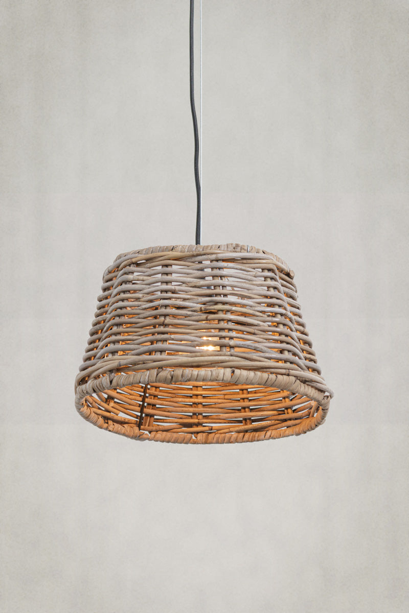 Small basket wicker pendant comes in a natural woven cane
