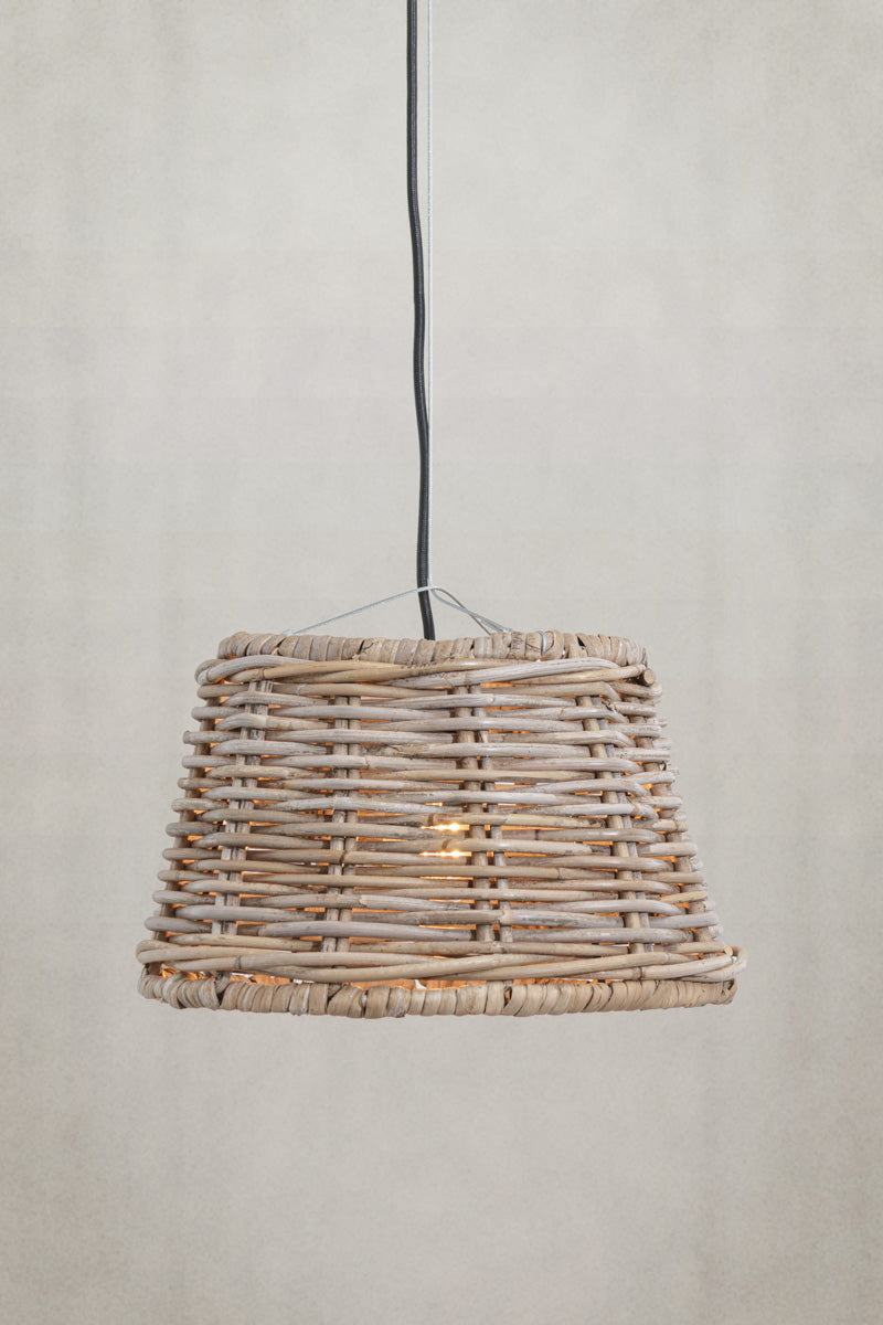 Small basket wicker pendant comes in a natural woven cane