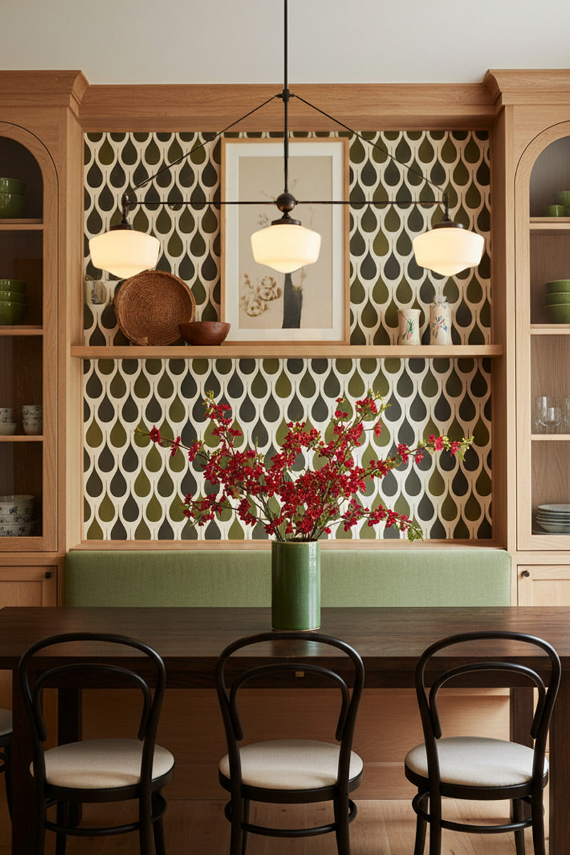 A dining room interior featuring a central hanging pendant brass light with three opal shades over a dark wood dining table, black bentwood chairs with cream cushions.