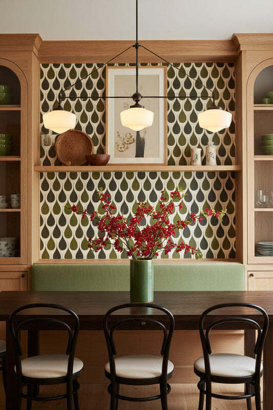 A dining room interior featuring a central hanging pendant brass light with three opal shades over a dark wood dining table, black bentwood chairs with cream cushions.