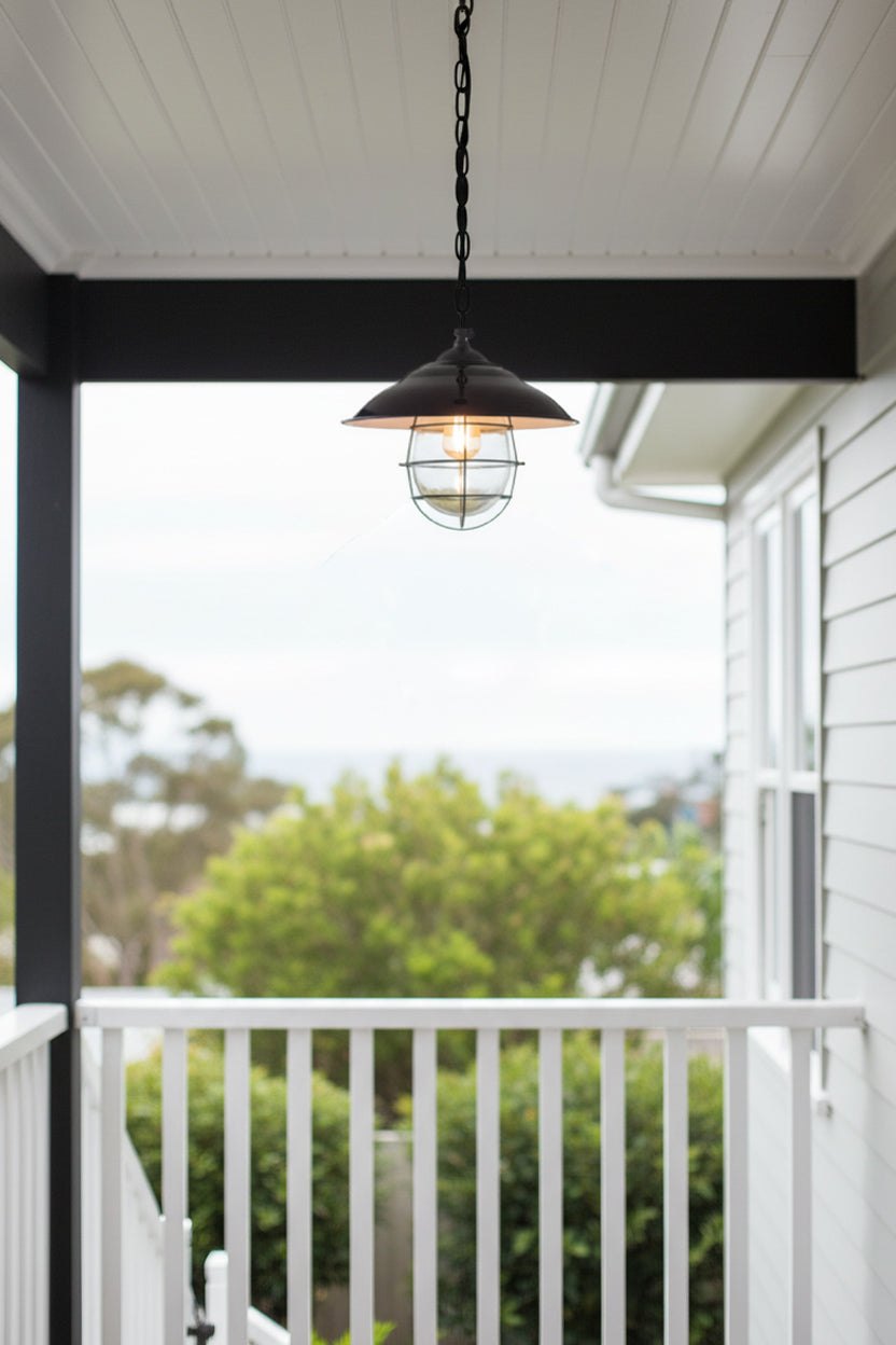 Porch fixture: our Engine Room Hanging Light hanging from a ceiling on a porch with a view of trees.