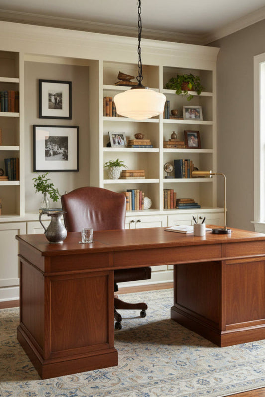 Opal schoolhouse style shade on a black chain and cord pendant in a contemporary/ traditional home office. 