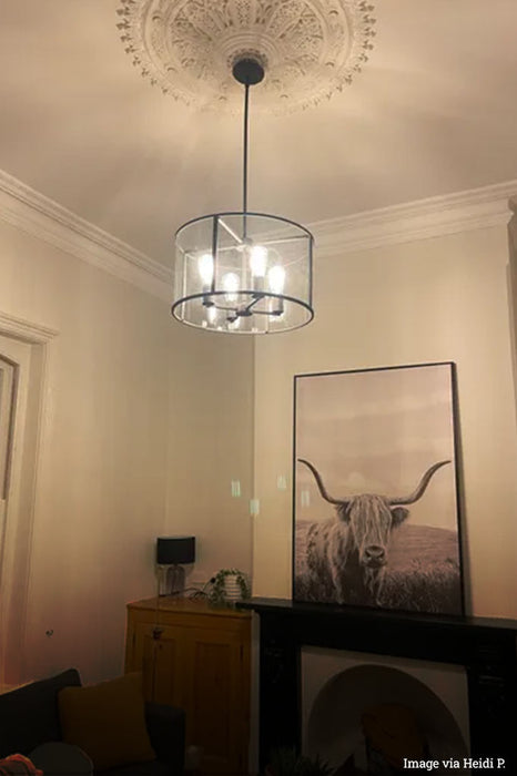 Round pendant light in a living room