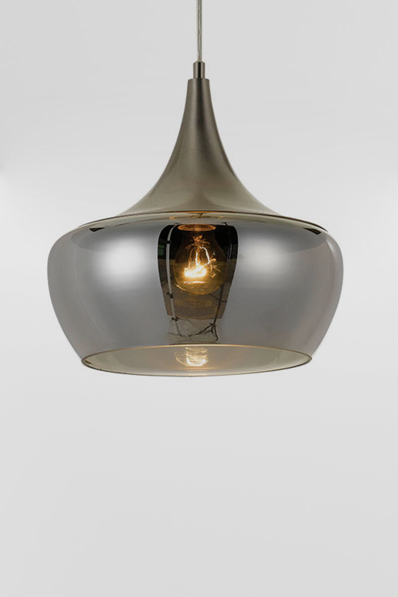 Close up a satin nickel pendant with a smoked glass shade. 