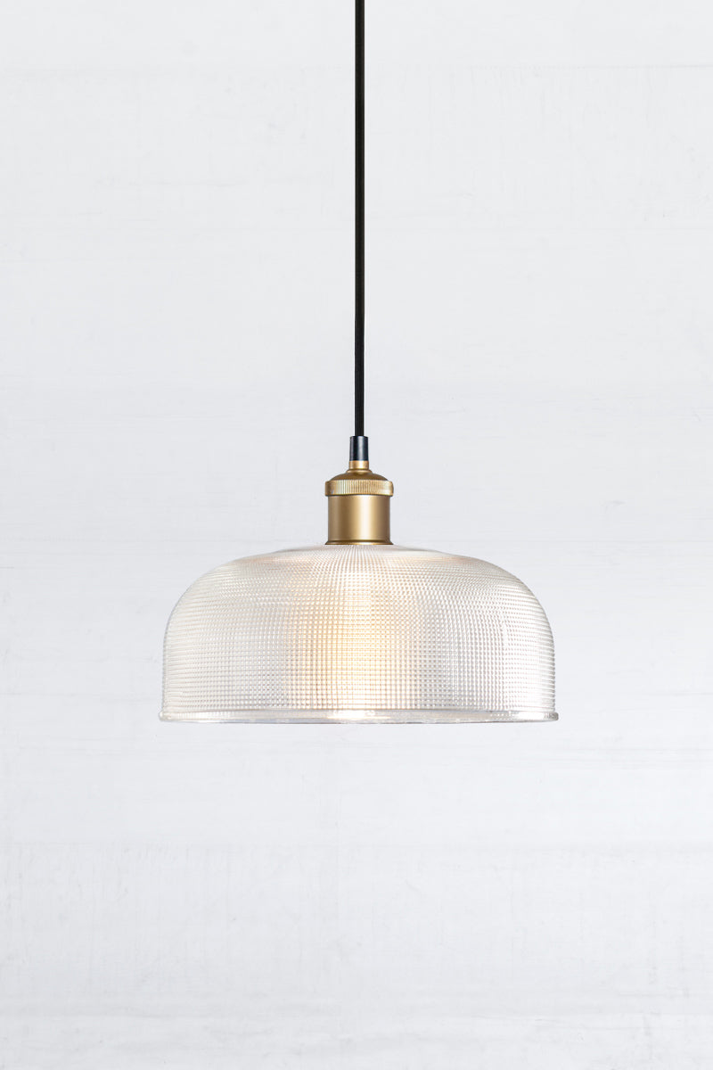  Large holophane clear glass style shade with a gold/brass pendant cord. 