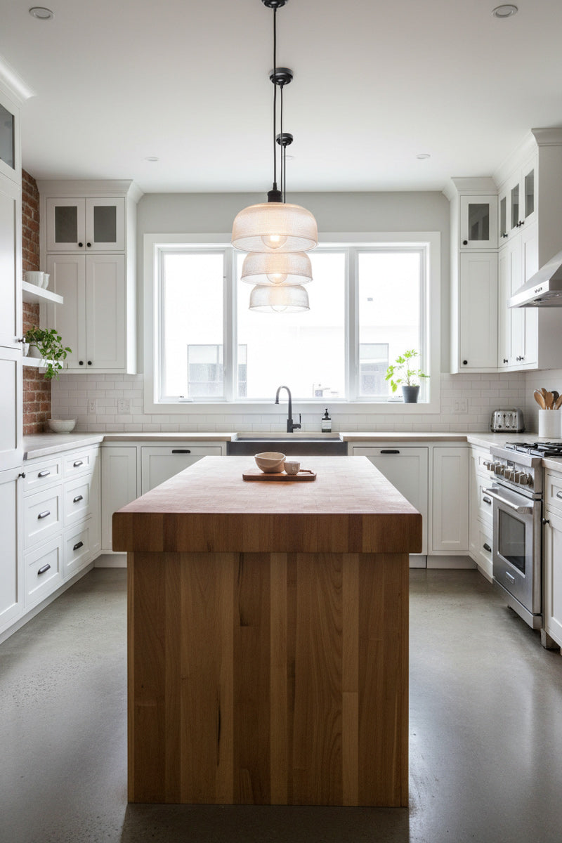 glass pendant lights over white kitchen island