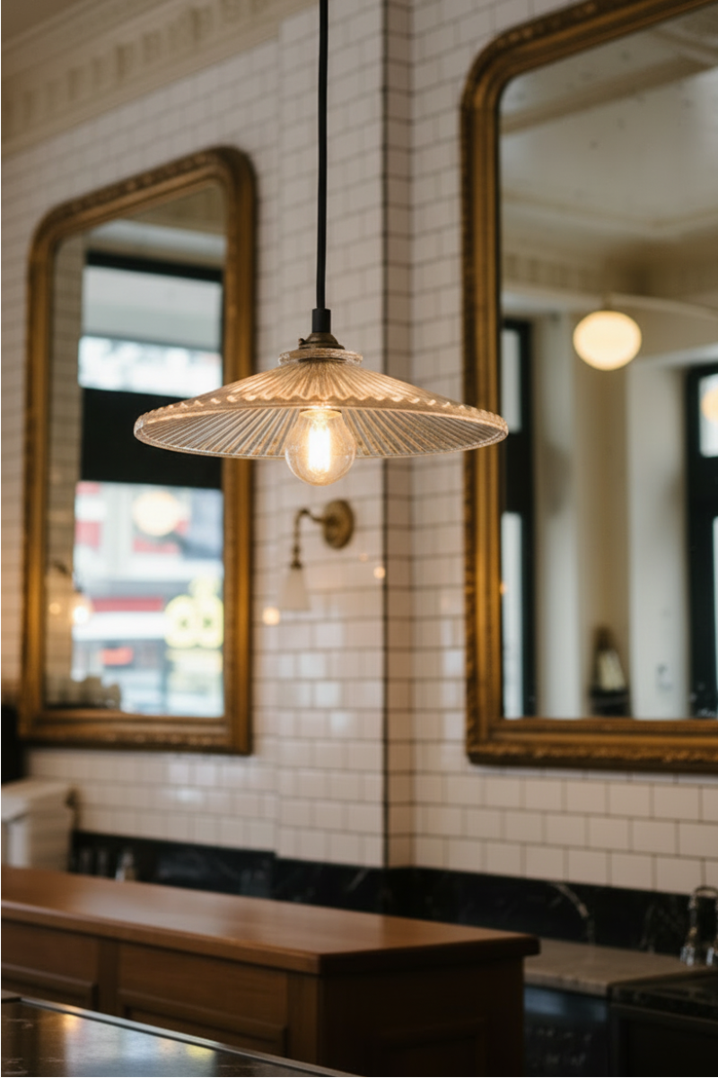 Vintage-style pendant light hanging in a bar with tiled walls and mirrors.