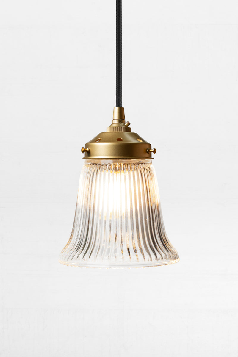 Delicate ribbed clear glass shade on a gold/brass pendant cord. 