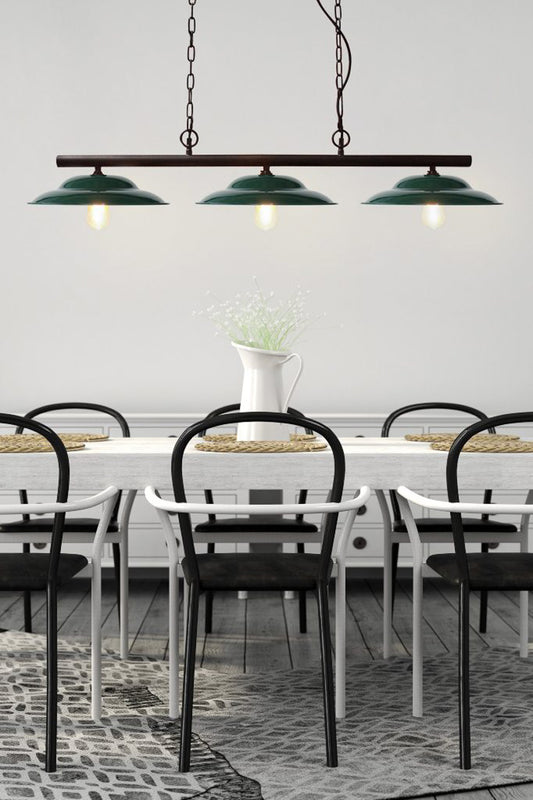 Green barn shade triple pendant 