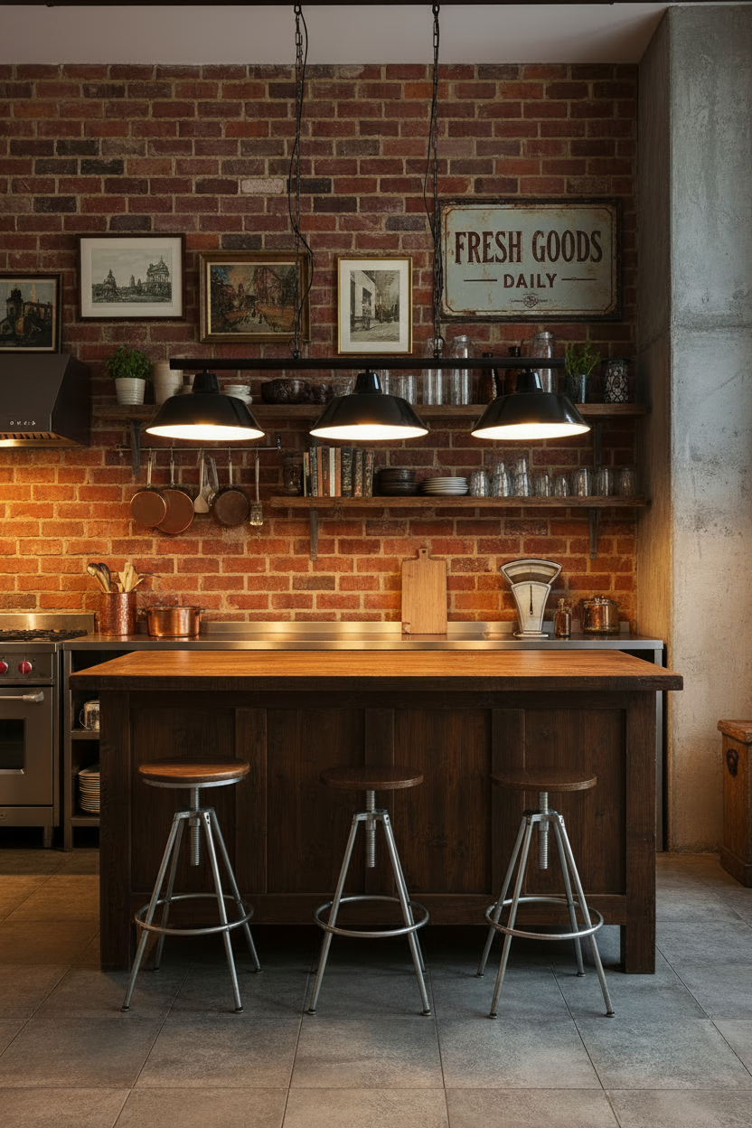 3 light swing pendant with black shades in a modern kitchen with brick wall, wooden island, and bar stools.
