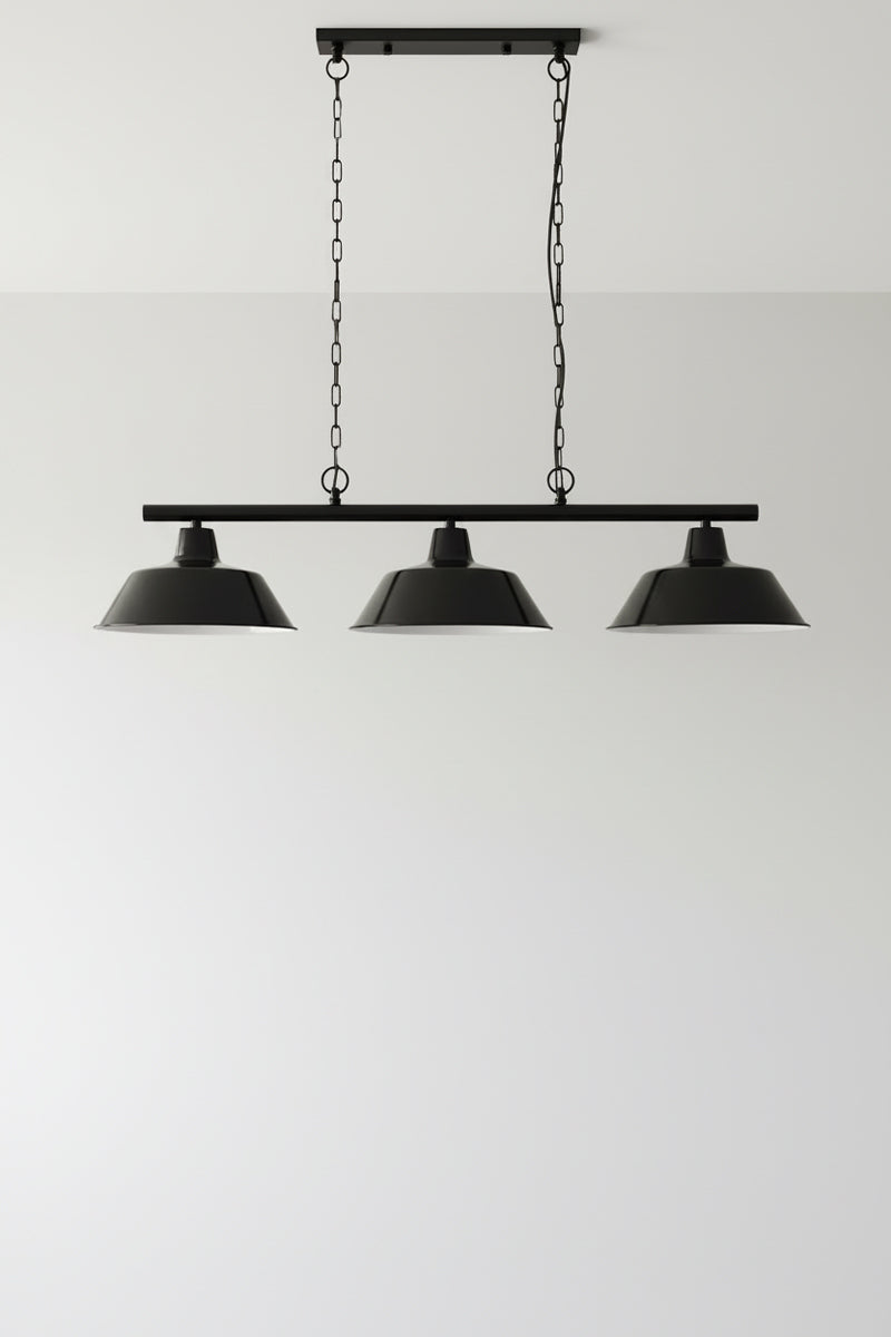 Three light swing pendant. vintage lighting with black teel with black enamel outer and white inner 
