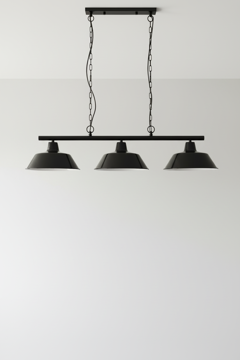 Three light swing pendant. vintage lighting with black teel with black enamel outer and white inner 