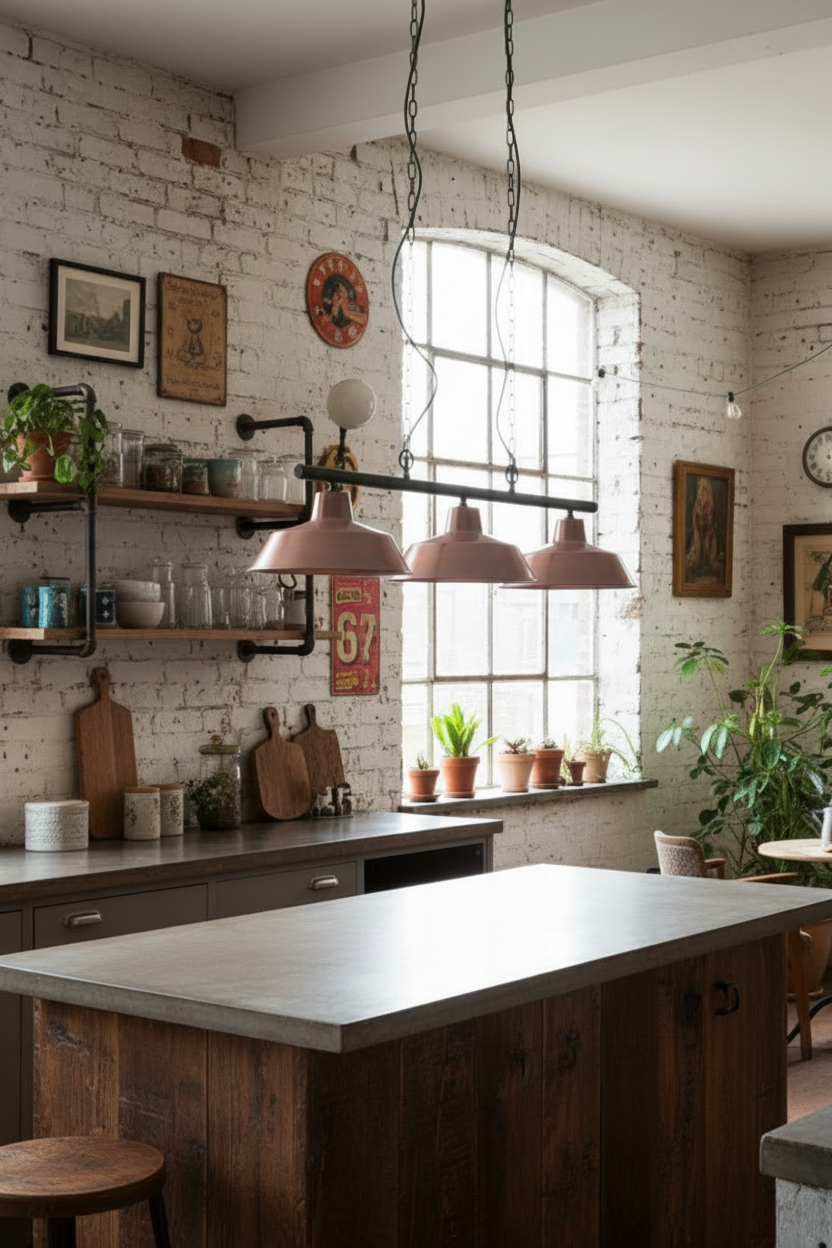 Factory Swing Pendant Light exudes classic appeal with copper shades over a kitchen bench