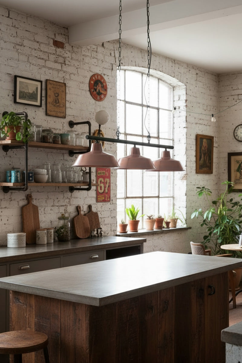 Factory Swing Pendant Light exudes classic appeal with copper shades over a kitchen bench