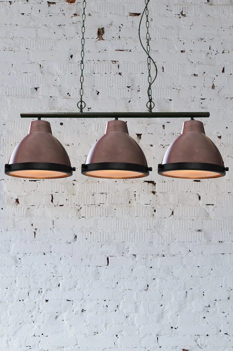 Copper three light pendant with flat glass cover