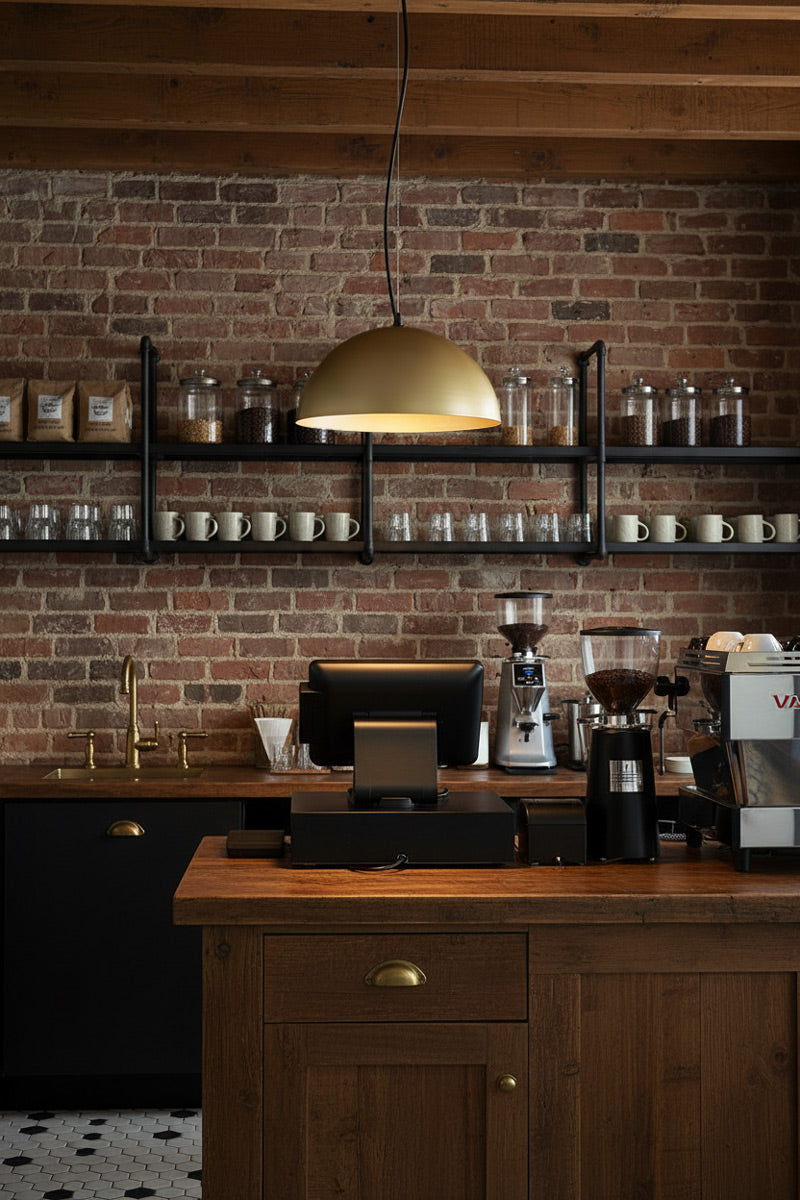 large gold brass dome shade over coffee counter