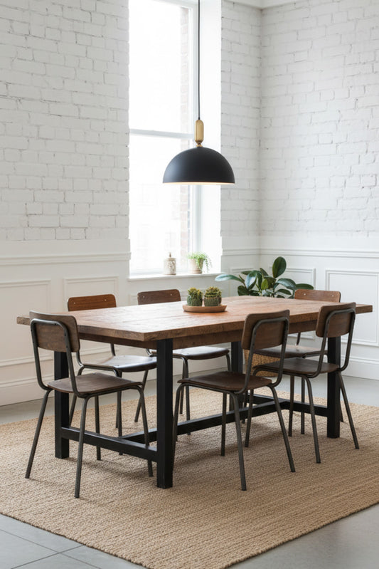 large dome black pendant light with gold fitting over dining table
