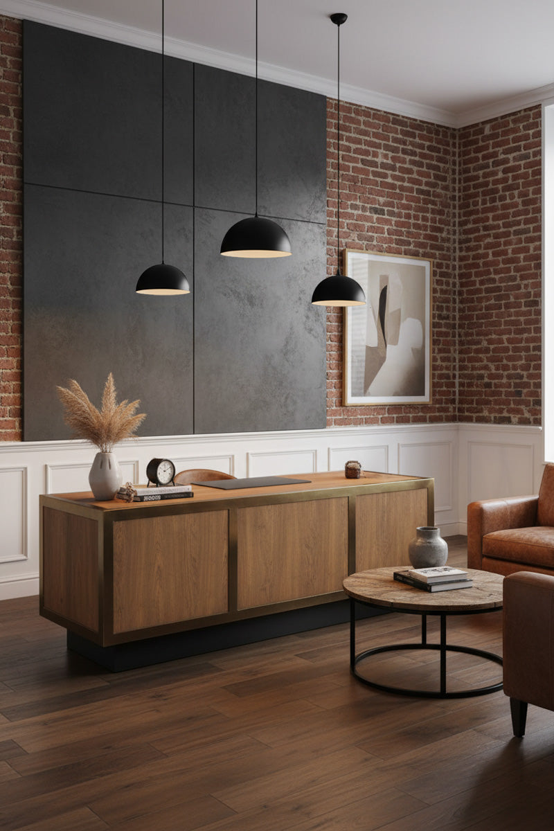 Modern office interior with wooden desk and two small dome pendant lights and one large one over desk counter