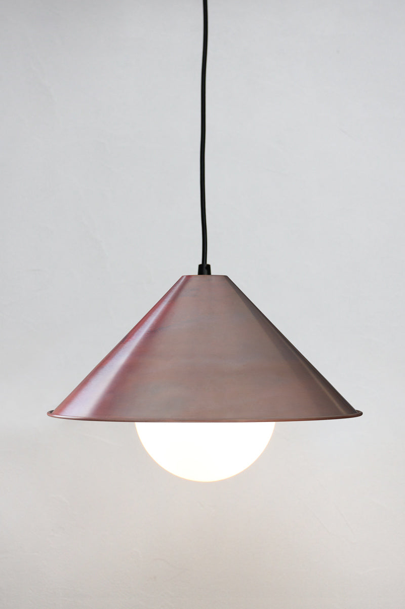 Copper cone light with opal glass ball shade