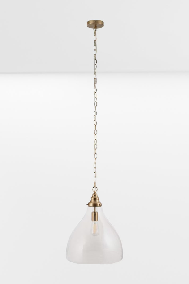 Large clear glass pendant with satin brass metal ware including lmpholder, gallery, chain and ceiling rose. 
