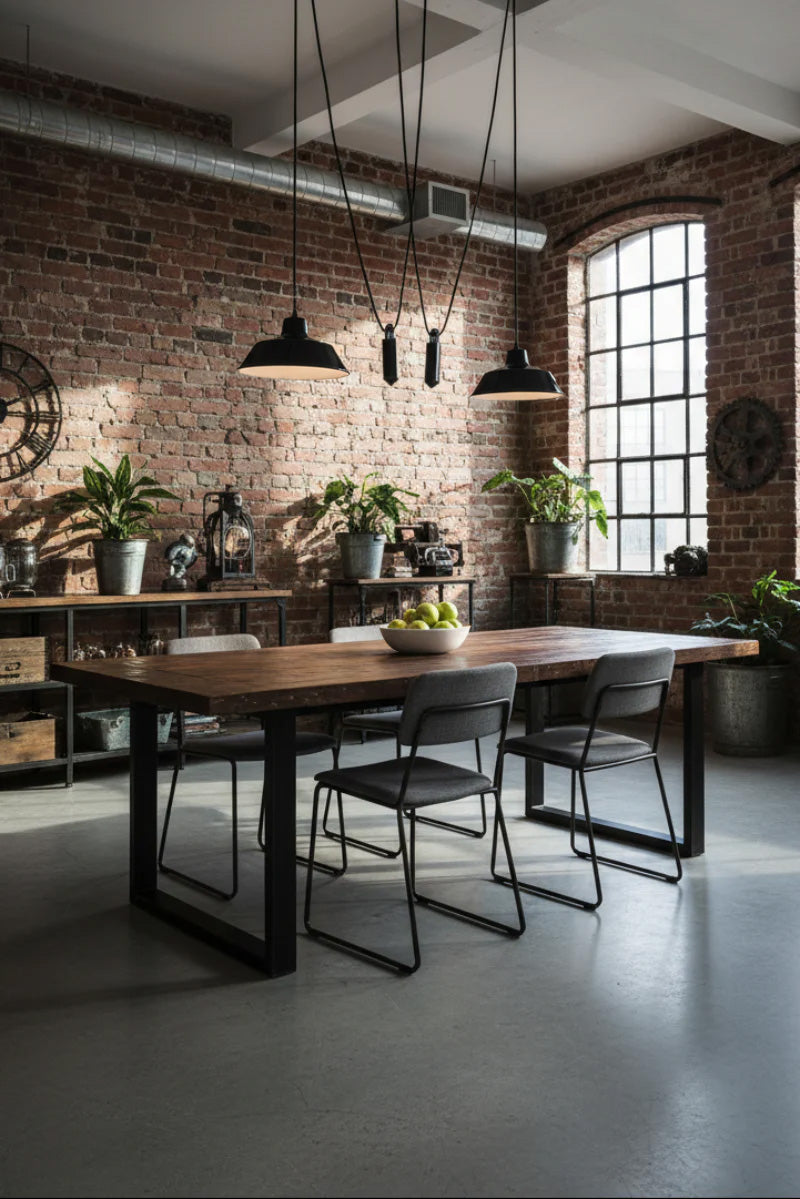 2 Factory Pulley Pendant Lights over dining table in urban style apartment