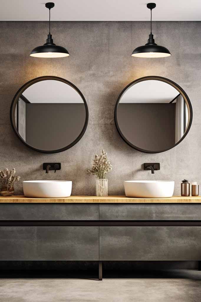 Two black Bullpit outdoor pendant lights shown in a bathroom over vanity mirrors. 