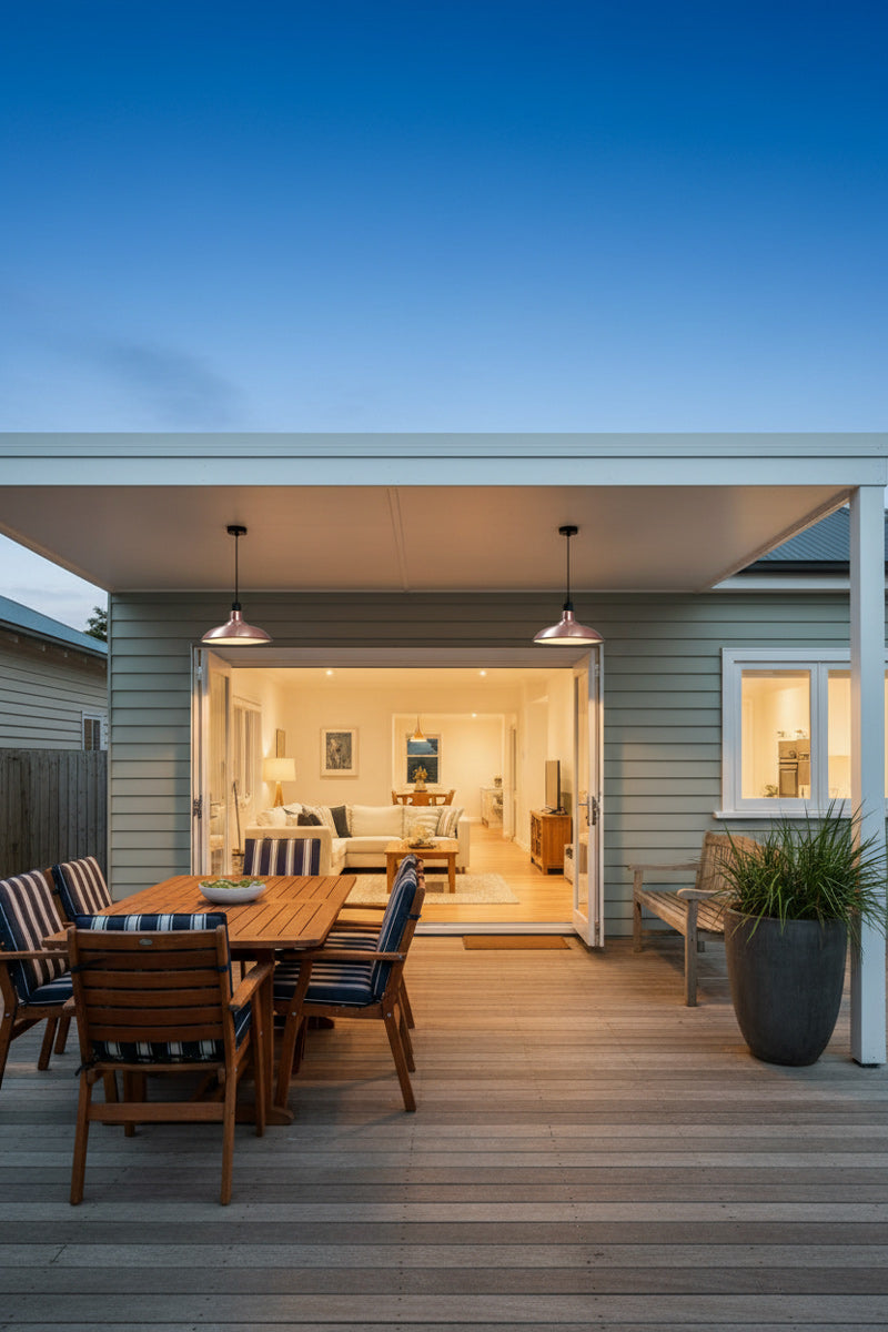 A modern house exterior with a covered wooden deck, outdoor dining and two outdoor pendant lights on black cable with two solid copper shades, hanging under a small patio. 