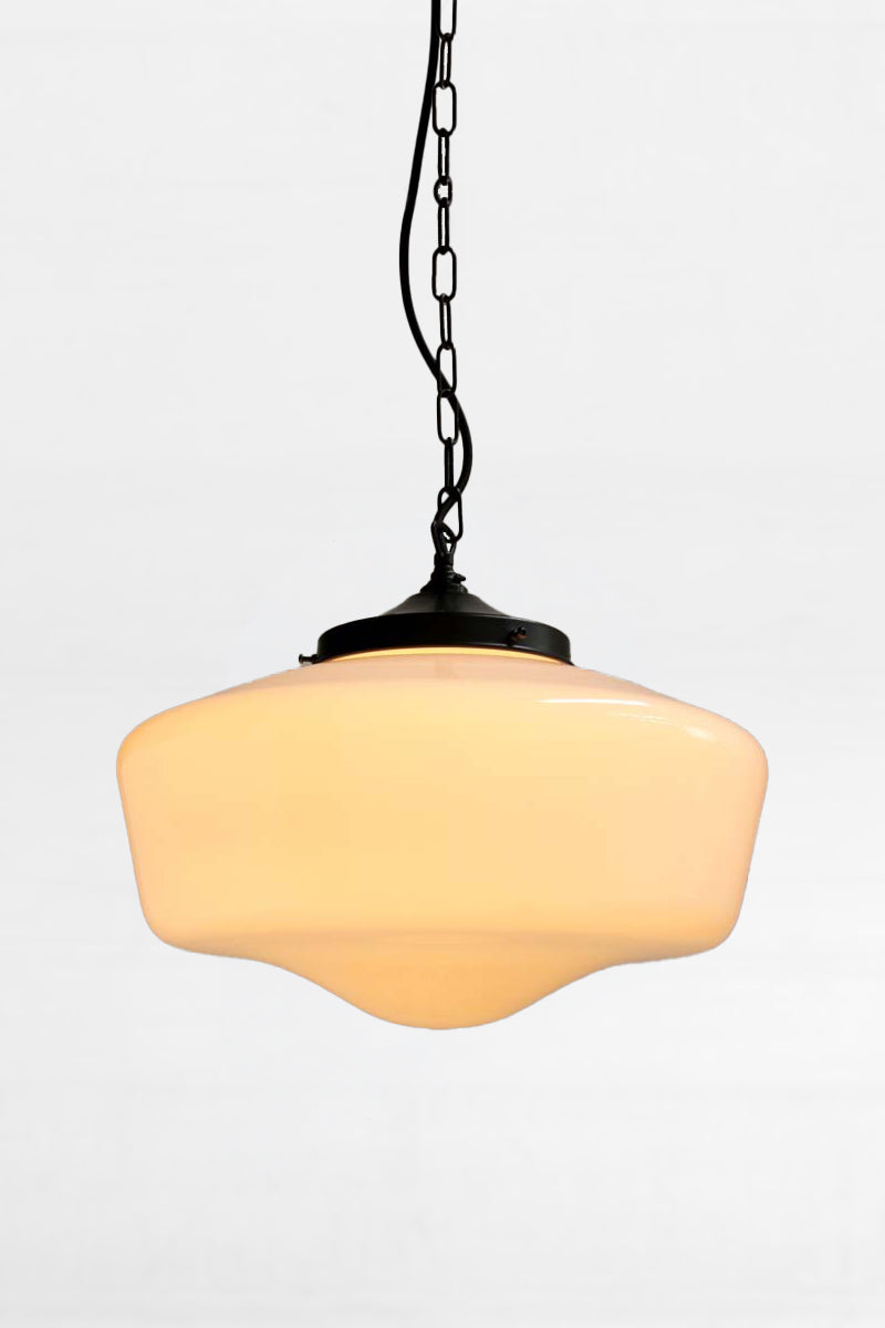 Large opal glass shade with black chain/ cord pendant suspension. 