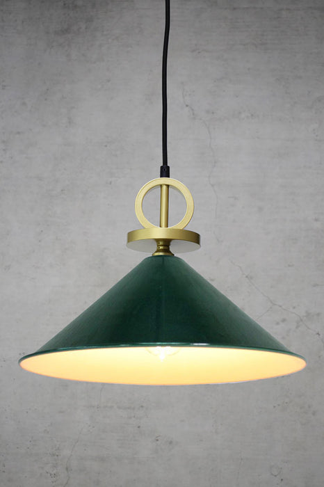 Green large pendant light with gold cord with disc